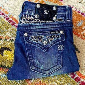 Miss Me Rhinestone Sequin Flap Pocket Bootcut Jeans